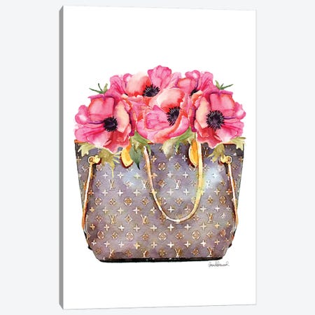 Purple and White Fashion Duffle Bag with Brown Pearls & Roses by Pomaikai Barron Fine Art Paper Print ( Fashion > Fashion Brands > Louis Vuitton art)