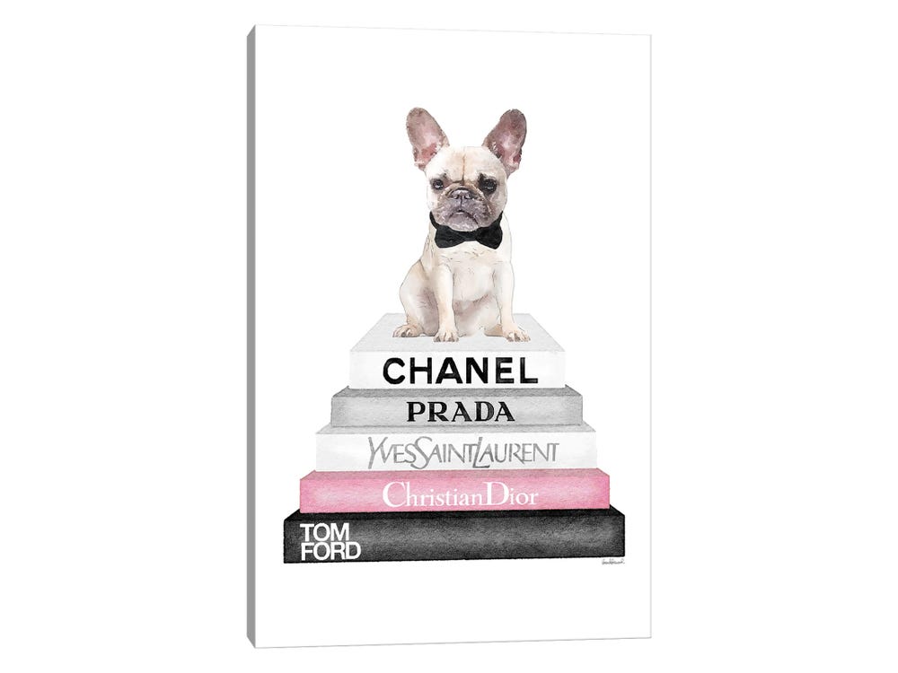 Grey Books with Soft Pink, White French Bulldog, Bowtie by Amanda Greenwood Fine Art Paper Poster ( Fashion > Prada art) - 24x16x.25