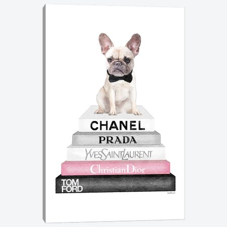 Grey Books With Soft Pink, White French Bulldog, Bowtie Canvas Print #GRE310} by Amanda Greenwood Art Print