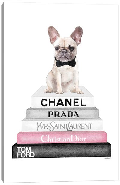 Grey Books With Soft Pink, White French Bulldog, Bowtie Canvas Art Print - Chanel Art