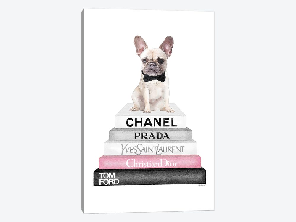 Grey Books With Soft Pink, White French Bulldog, Bowtie by Amanda Greenwood 1-piece Canvas Wall Art
