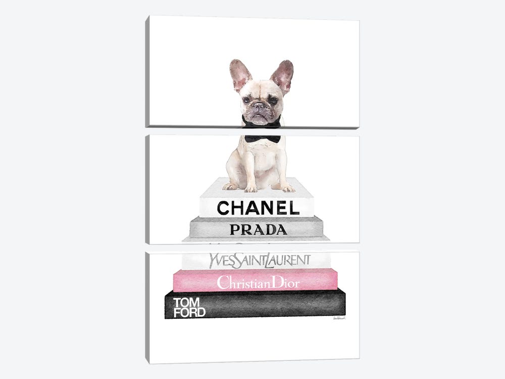 Grey Books With Soft Pink, White French Bulldog, Bowtie by Amanda Greenwood 3-piece Canvas Wall Art