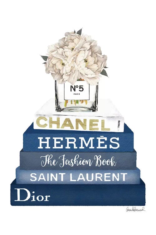 Mutted Navy Books With White Peony Vase