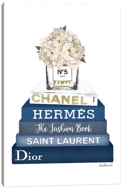 Mutted Navy Books With White Peony Vase Canvas Art Print - Chanel Art