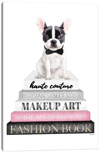 Grey Books With Pink, B&W Frenchie Canvas Art Print - French Bulldog Art