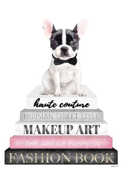 Amanda Greenwood: Grey Books With Pink, B&W Frenchie by Amanda Greenwood