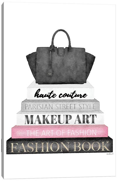 Grey Books With Pink, Black Bag Canvas Art Print - Bag & Purse Art