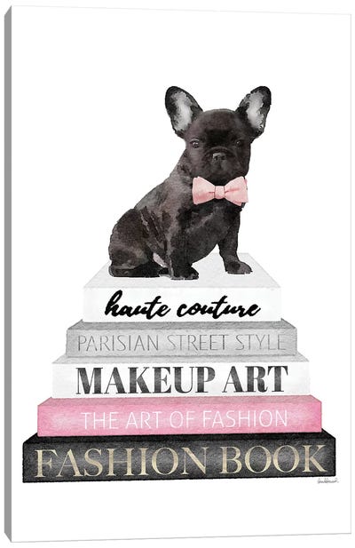 Grey Books With Pink, Blk Frenchie Canvas Art Print - French Bulldog Art