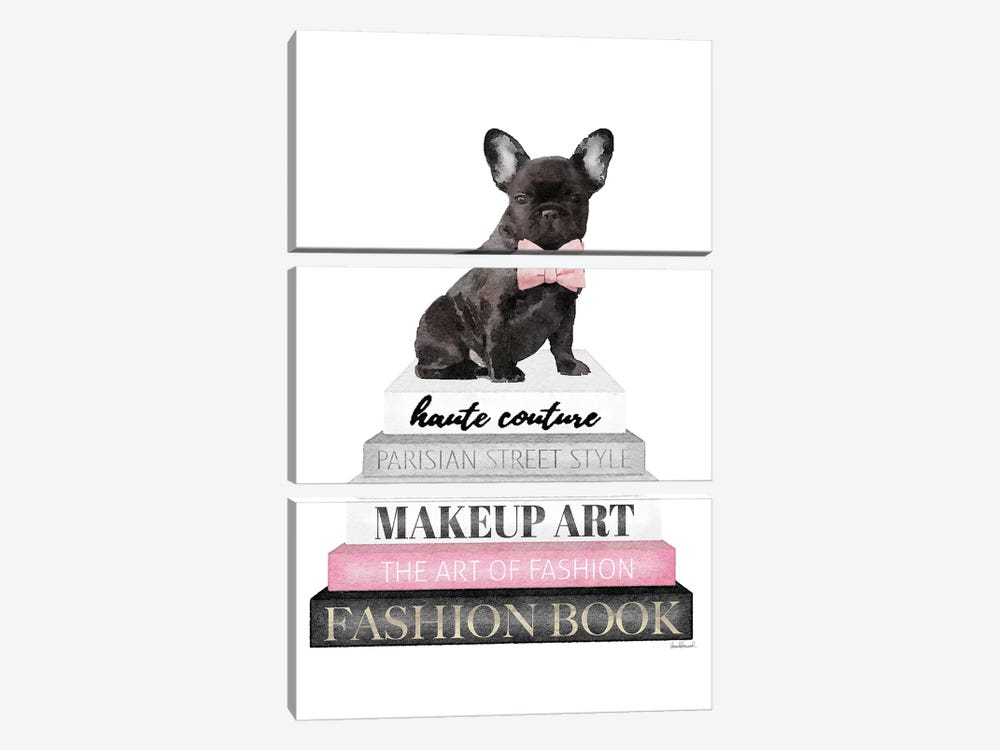 Grey Books With Pink, Blk Frenchie by Amanda Greenwood 3-piece Canvas Artwork