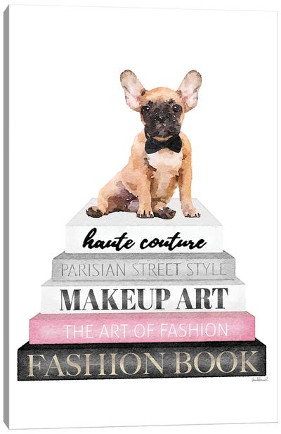 Grey Books With Pink, Fawn Frenchie Canvas Art Print - French Bulldog Art
