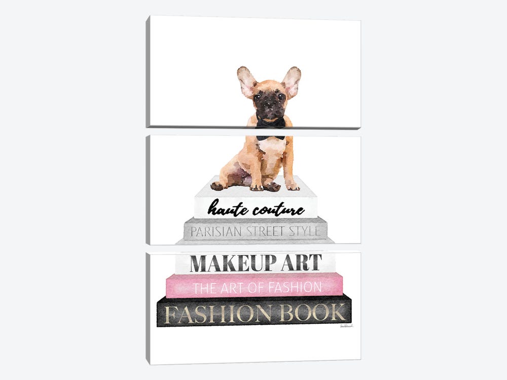 Grey Books With Pink, Fawn Frenchie by Amanda Greenwood 3-piece Canvas Art Print