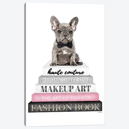 Grey Books With Pink, Grey Frenchie, Bowtie Canvas Print #GRE317} by Amanda Greenwood Canvas Artwork