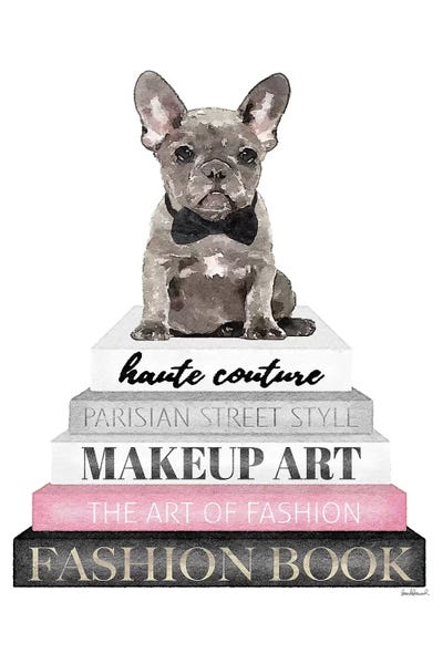 Amanda Greenwood: Grey Books With Pink, Grey Frenchie, Bowtie by Amanda Greenwood