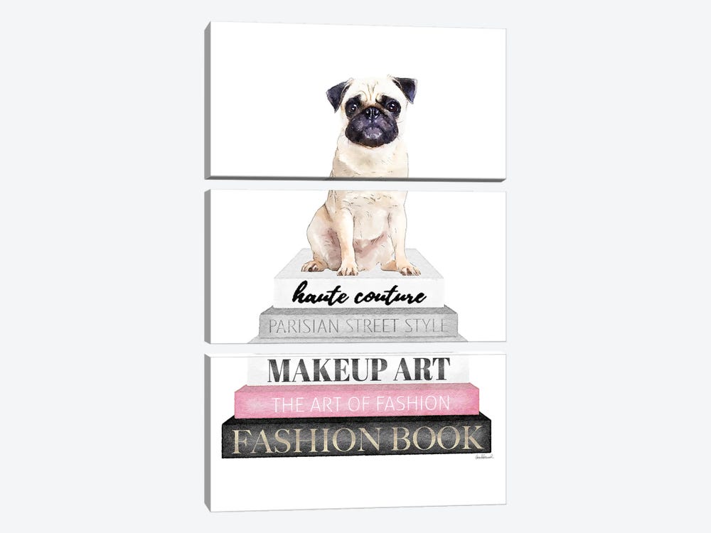 Grey Books With Pink, Pug by Amanda Greenwood 3-piece Canvas Print