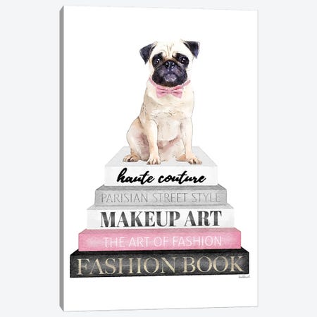 Grey Books With Pink, Pug With Bow Tie Canvas Print #GRE320} by Amanda Greenwood Canvas Artwork