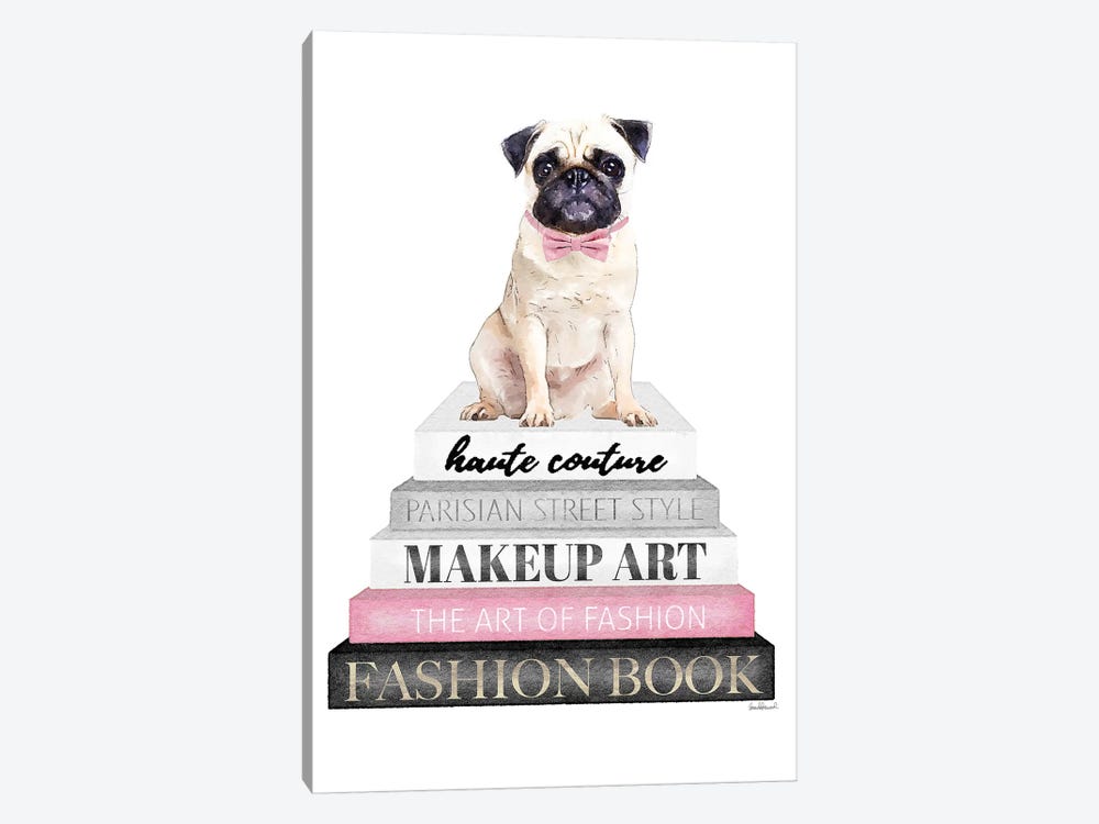 Grey Books With Pink, Pug With Bow Tie by Amanda Greenwood 1-piece Art Print