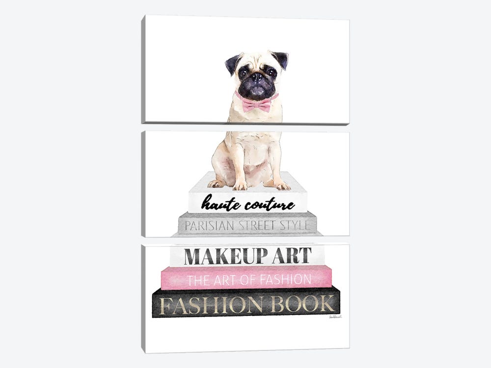 Grey Books With Pink, Pug With Bow Tie by Amanda Greenwood 3-piece Canvas Art Print