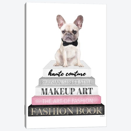 Grey Books With Pink, White Frenchie Canvas Print #GRE322} by Amanda Greenwood Canvas Art