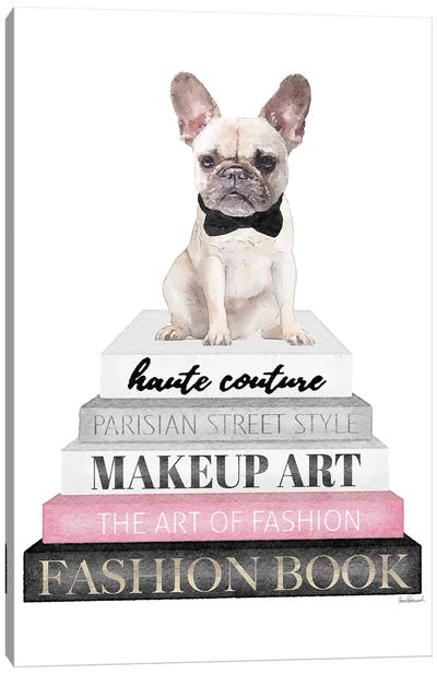 Grey Books With Pink, White Frenchie Canvas Art Print - French Bulldog Art