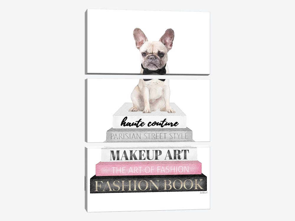 Grey Books With Pink, White Frenchie by Amanda Greenwood 3-piece Canvas Art Print