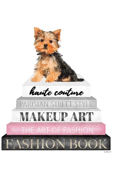Amanda Greenwood: Grey Books With Pink, Yorkie by Amanda Greenwood
