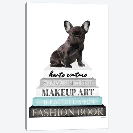 Grey Books With Teal, Blk Frenchie Canvas Print #GRE325} by Amanda Greenwood Art Print