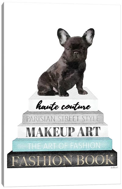 Grey Books With Teal, Blk Frenchie Canvas Art Print - French Bulldog Art