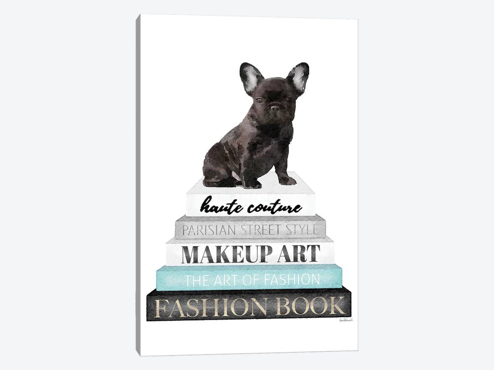 Grey Books With Teal, Blk Frenchie by Amanda Greenwood 1-piece Canvas Wall Art