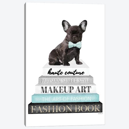 Grey Books With Teal, Blk Frenchie With Bow Tie Canvas Print #GRE326} by Amanda Greenwood Canvas Print