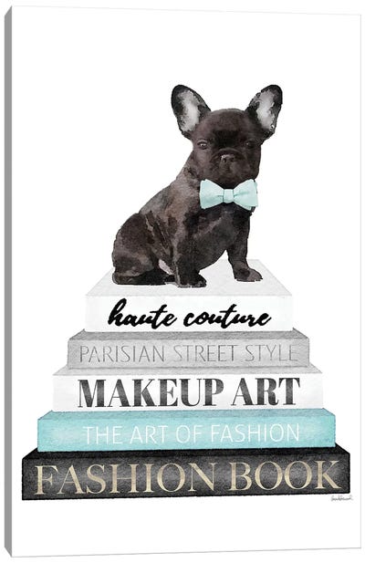 Grey Books With Teal, Blk Frenchie With Bow Tie Canvas Art Print - French Bulldog Art