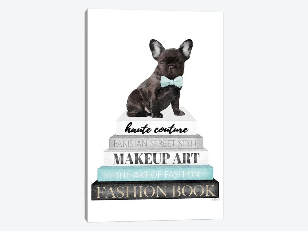 Grey Books With Teal, Blk Frenchie With Bow Tie by Amanda Greenwood 1-piece Canvas Print