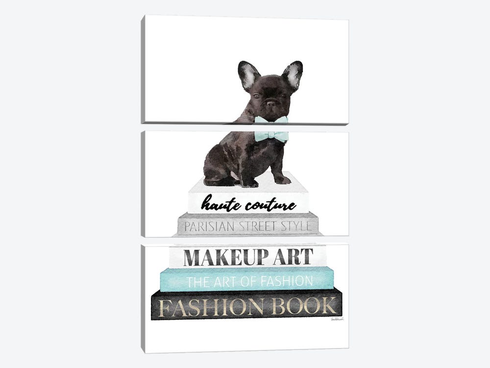 Grey Books With Teal, Blk Frenchie With Bow Tie by Amanda Greenwood 3-piece Canvas Print