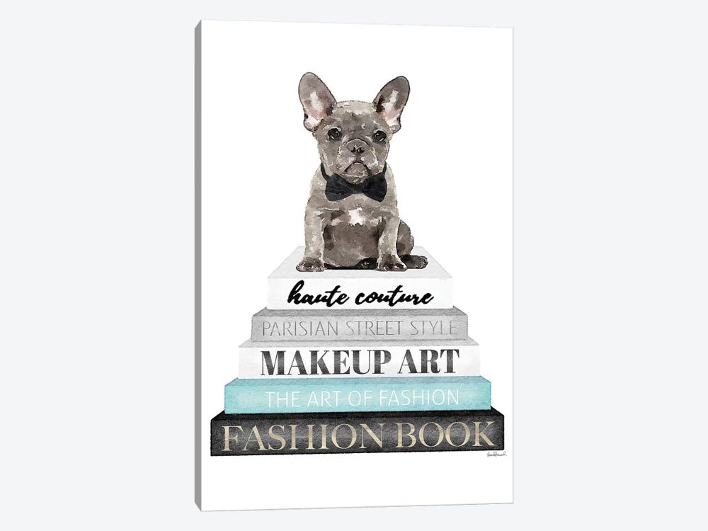 Grey Books With Teal, Grey Frenchie by Amanda Greenwood 1-piece Canvas Print