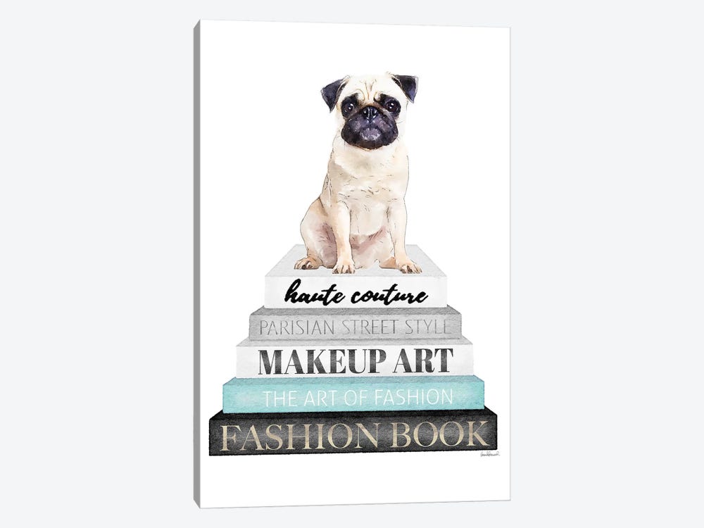 Grey Books With Teal, Pug by Amanda Greenwood 1-piece Canvas Art