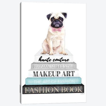 Grey Books With Teal, Pug With Bow Canvas Print #GRE331} by Amanda Greenwood Art Print