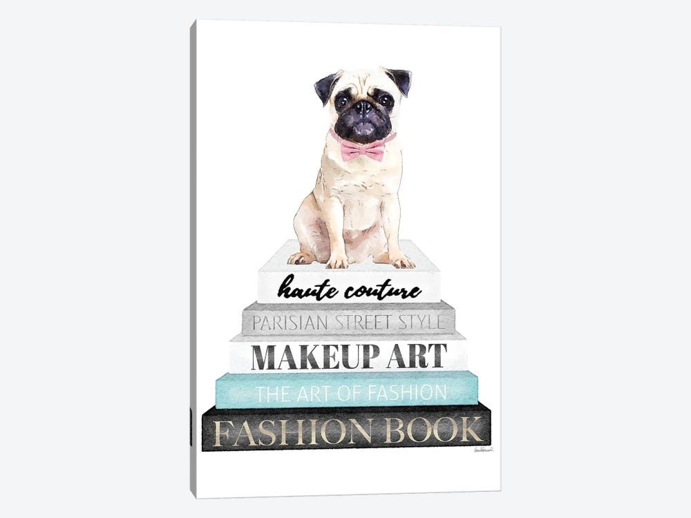 Grey Books With Teal, Pug With Bow by Amanda Greenwood 1-piece Canvas Art Print