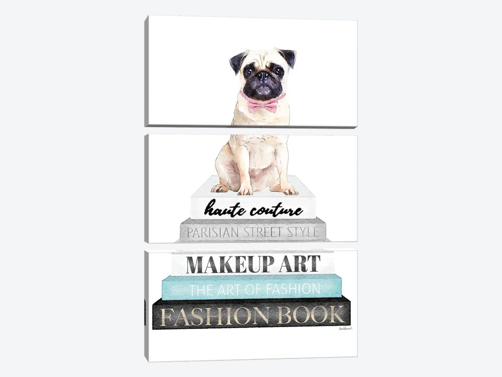 Grey Books With Teal, Pug With Bow by Amanda Greenwood 3-piece Canvas Art Print