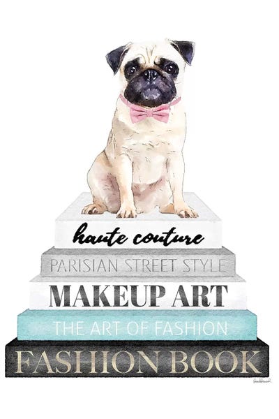 Pugs: Grey Books With Teal, Pug With Bow by Amanda Greenwood