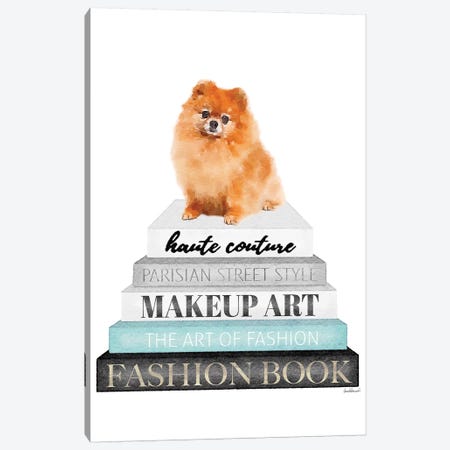 Grey Books With Teal, Red Pomeranian Canvas Print #GRE332} by Amanda Greenwood Art Print