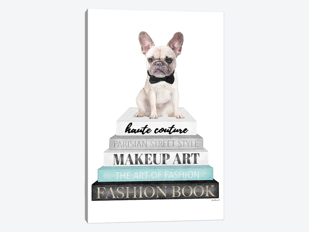 Grey Books With Teal, White Frenchie by Amanda Greenwood 1-piece Canvas Print