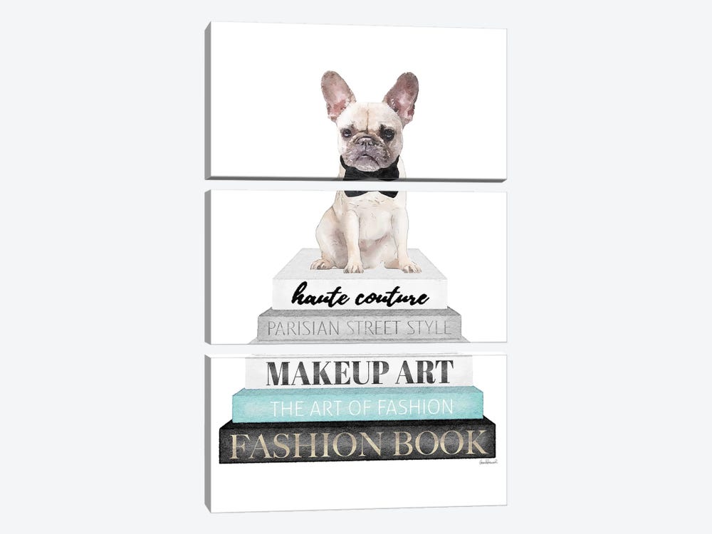 Grey Books With Teal, White Frenchie by Amanda Greenwood 3-piece Art Print