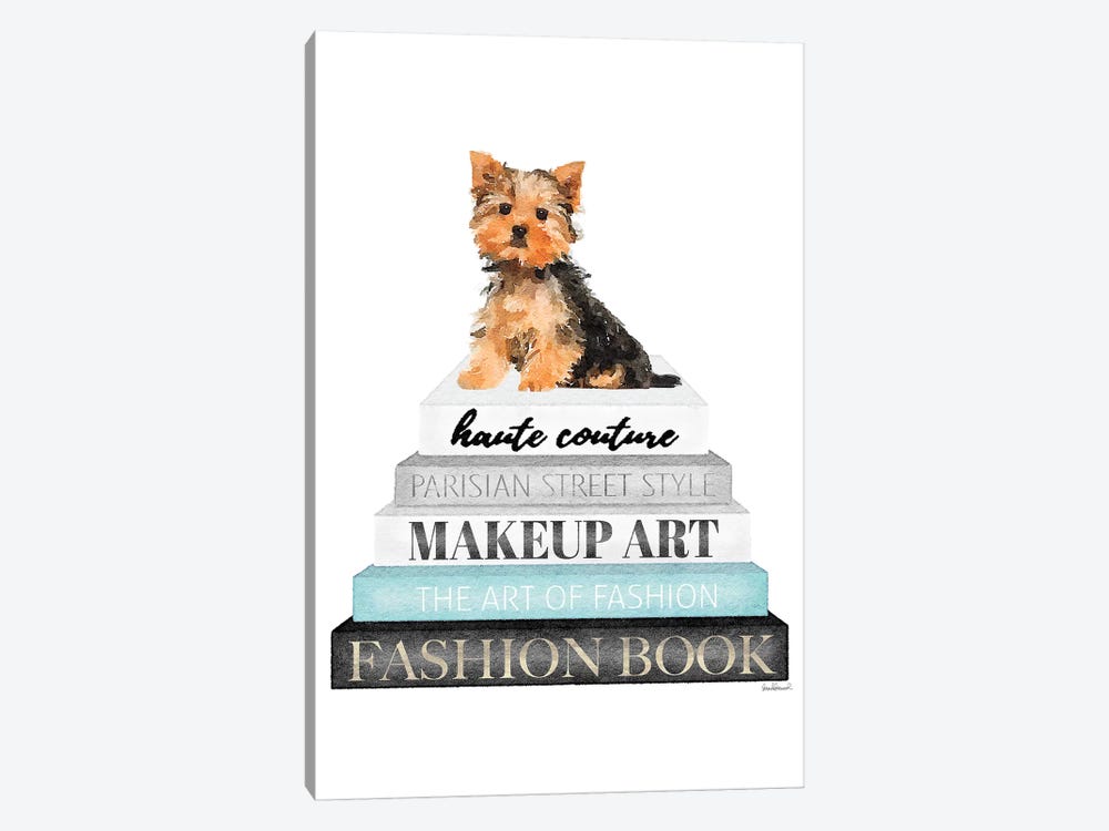 Grey Books With Teal, Yorkie by Amanda Greenwood 1-piece Canvas Wall Art