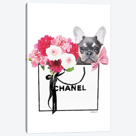 Small White Shopper, Flowers & Blue Tan Frenchie Canvas Print #GRE347} by Amanda Greenwood Canvas Print