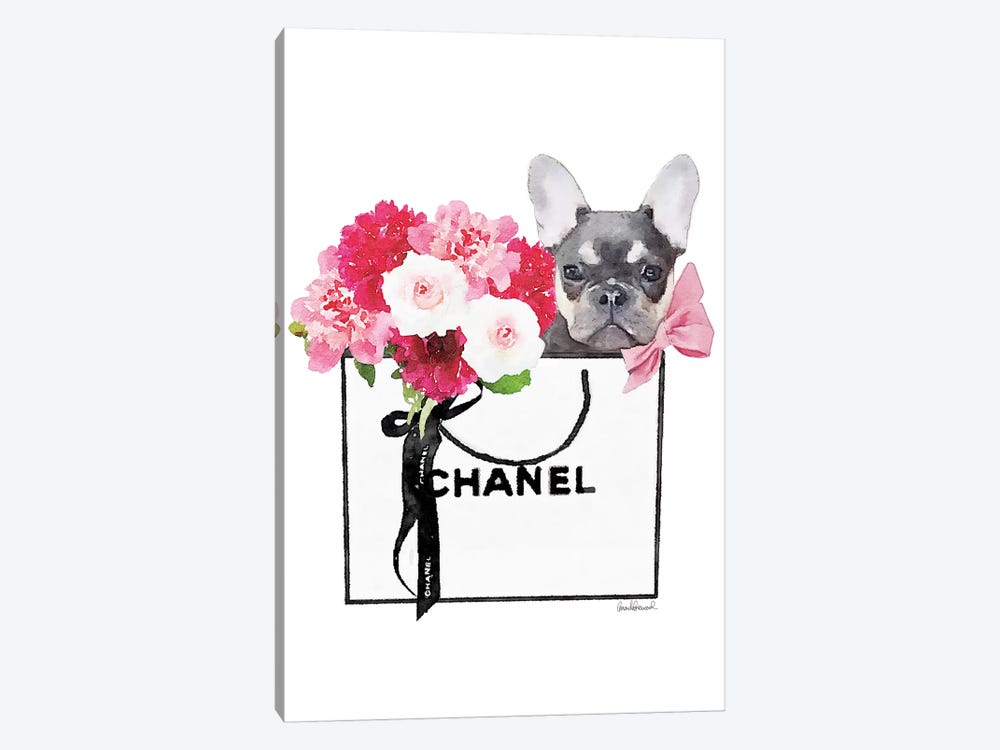 Small White Shopper, Flowers & Blue Tan Frenchie by Amanda Greenwood 1-piece Canvas Artwork