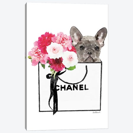 Small White Shopper, Flowers & Grey Frenchie Canvas Print #GRE348} by Amanda Greenwood Canvas Artwork