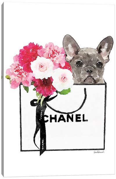 Small White Shopper, Flowers & Grey Frenchie Canvas Art Print - French Bulldog Art