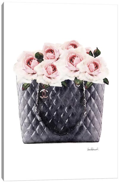 Black Tote Filled With Pink Roses Canvas Art Print - Bag & Purse Art