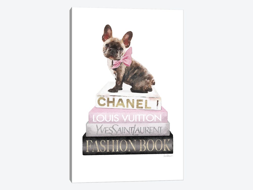 Grey And Blush Books With Brindle Frenchie by Amanda Greenwood 1-piece Canvas Wall Art