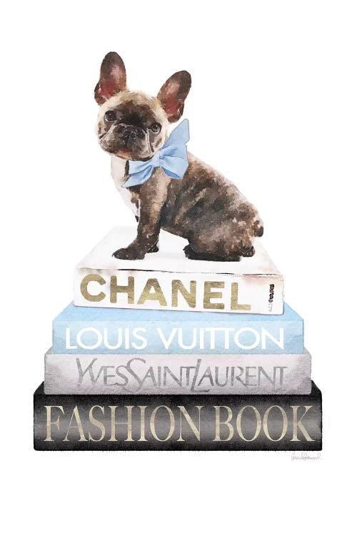 Grey And Blue Books With Brindle Frenchie