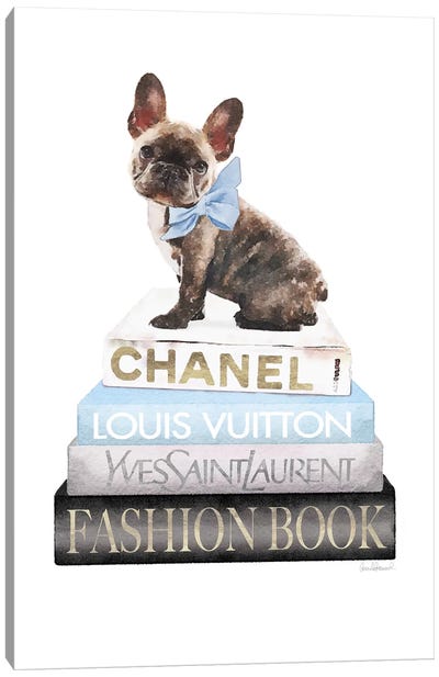 Grey And Blue Books With Brindle Frenchie Canvas Art Print - French Bulldog Art